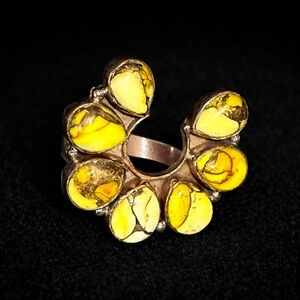 Copper Honey Dahlia Horseshoe Ring – Yellow Stone Cluster – Adjustable Western
